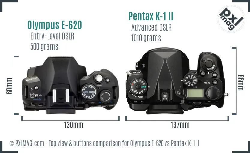 Olympus E-620 vs Pentax K-1 II top view buttons comparison