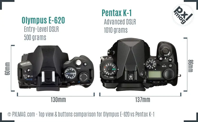 Olympus E-620 vs Pentax K-1 top view buttons comparison
