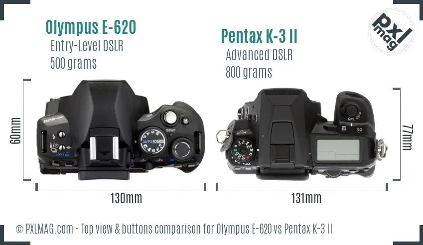 Olympus E-620 vs Pentax K-3 II top view buttons comparison