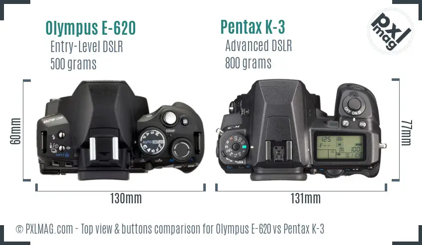 Olympus E-620 vs Pentax K-3 top view buttons comparison