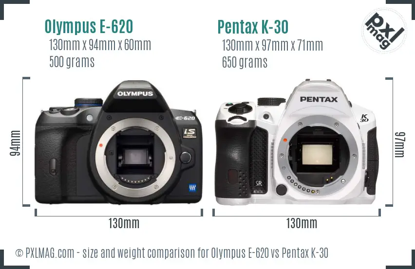 Olympus E-620 vs Pentax K-30 size comparison
