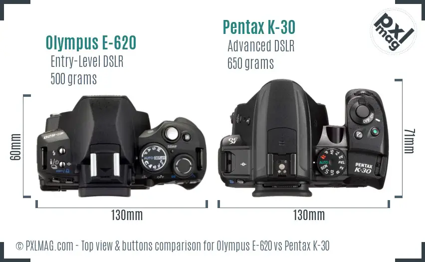 Olympus E-620 vs Pentax K-30 top view buttons comparison