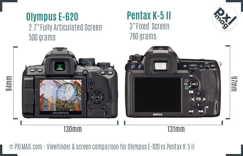 Olympus E-620 vs Pentax K-5 II Screen and Viewfinder comparison