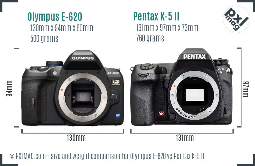 Olympus E-620 vs Pentax K-5 II size comparison