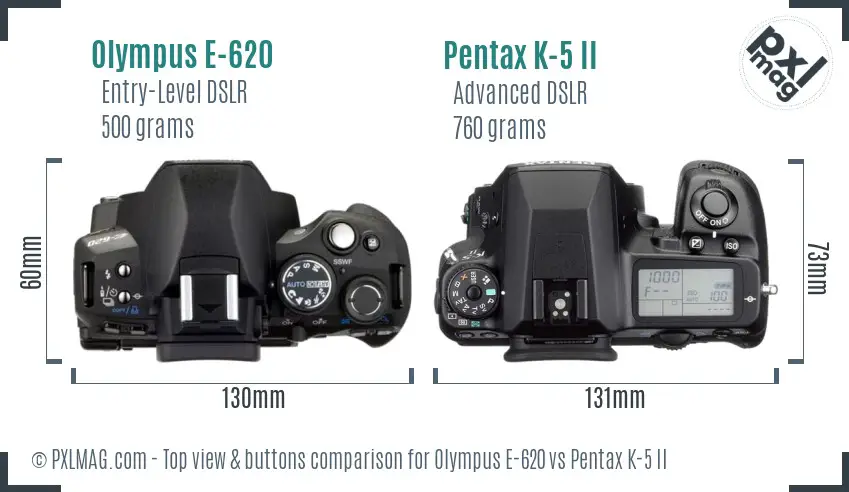 Olympus E-620 vs Pentax K-5 II top view buttons comparison