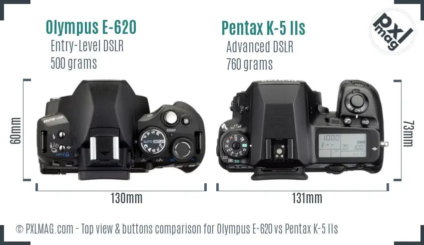 Olympus E-620 vs Pentax K-5 IIs top view buttons comparison