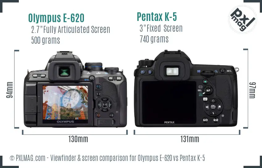 Olympus E-620 vs Pentax K-5 Screen and Viewfinder comparison