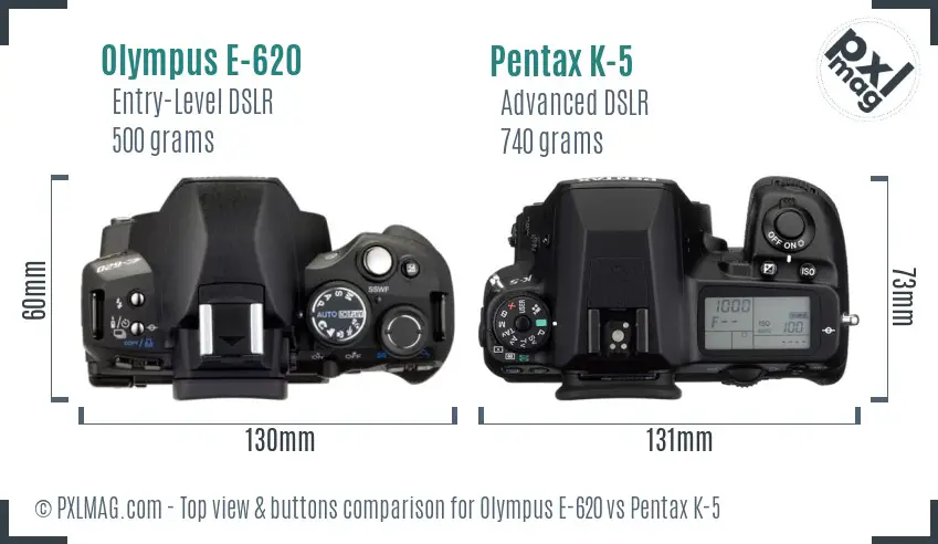 Olympus E-620 vs Pentax K-5 top view buttons comparison