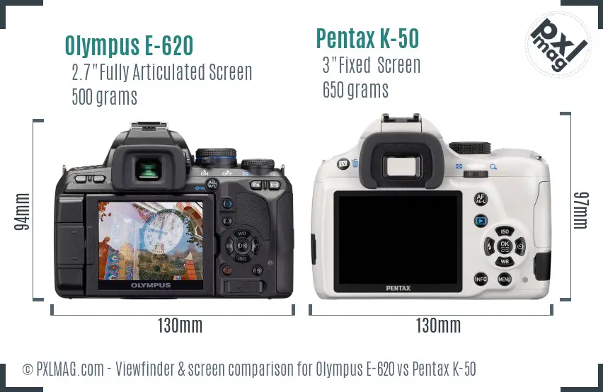 Olympus E-620 vs Pentax K-50 Screen and Viewfinder comparison