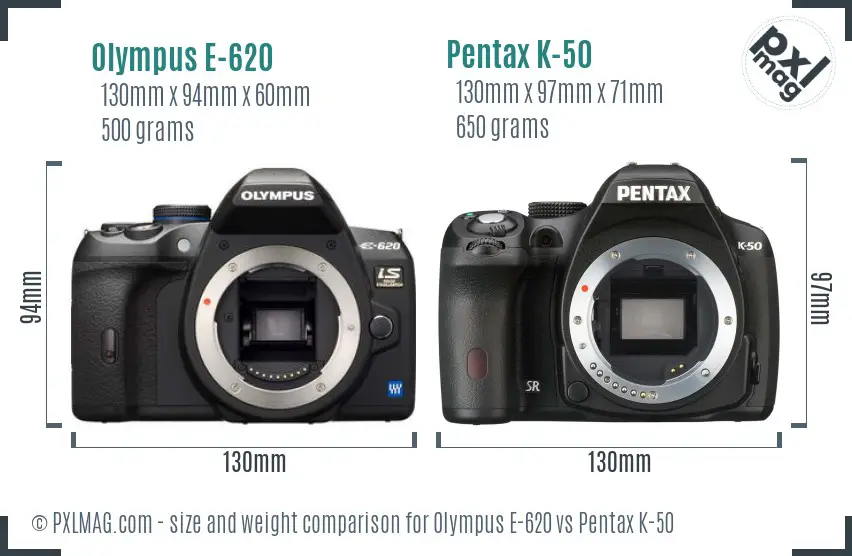 Olympus E-620 vs Pentax K-50 size comparison