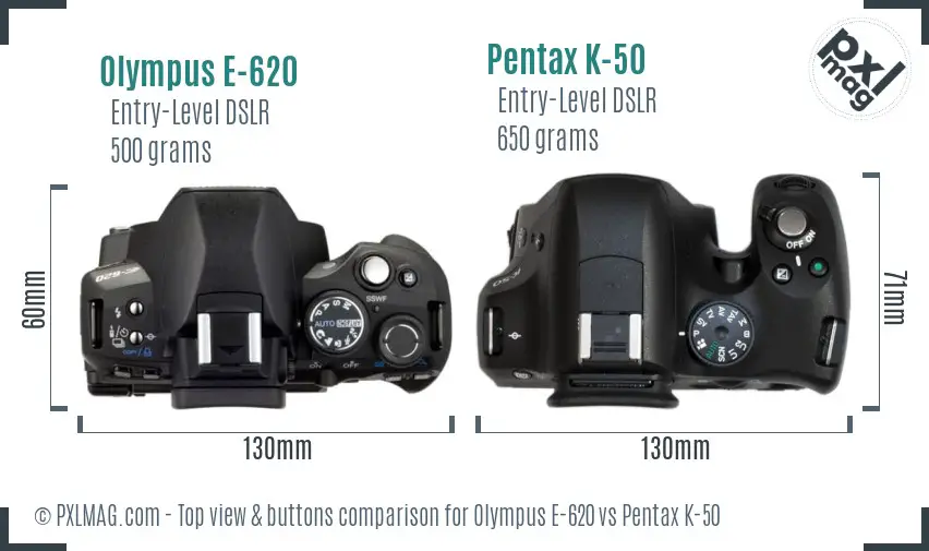 Olympus E-620 vs Pentax K-50 top view buttons comparison