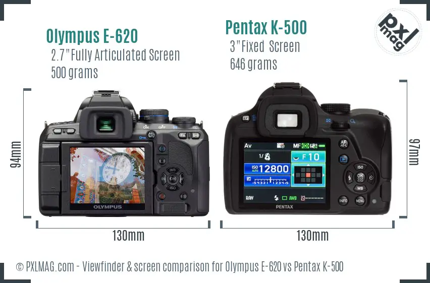 Olympus E-620 vs Pentax K-500 Screen and Viewfinder comparison