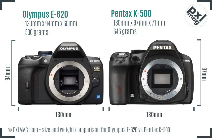 Olympus E-620 vs Pentax K-500 size comparison