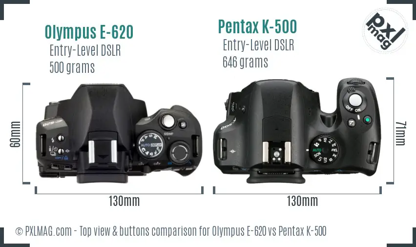 Olympus E-620 vs Pentax K-500 top view buttons comparison