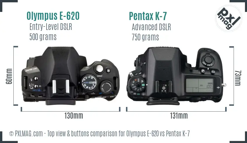 Olympus E-620 vs Pentax K-7 top view buttons comparison