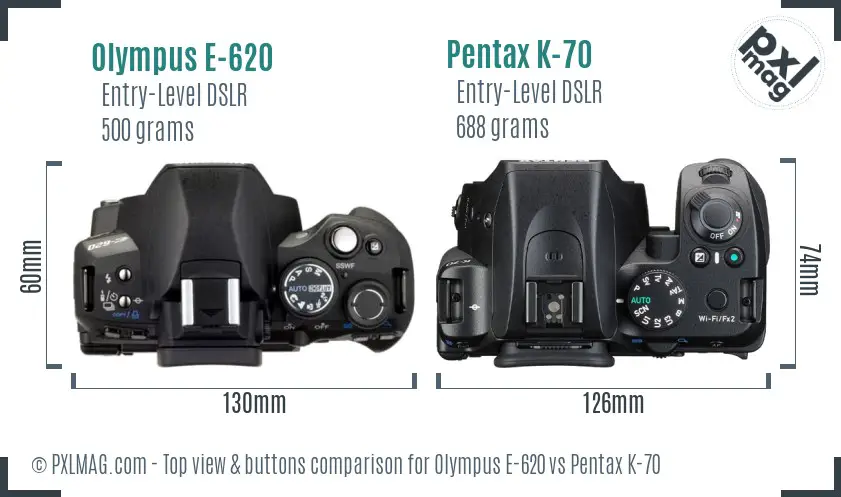Olympus E-620 vs Pentax K-70 top view buttons comparison