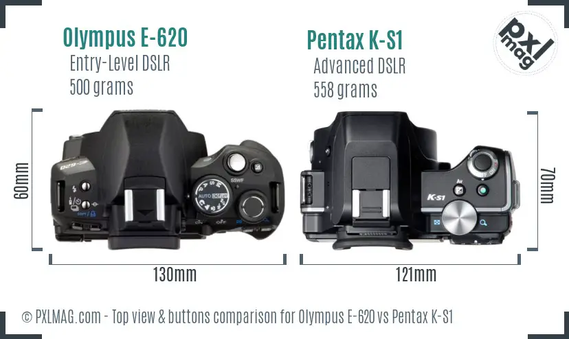 Olympus E-620 vs Pentax K-S1 top view buttons comparison