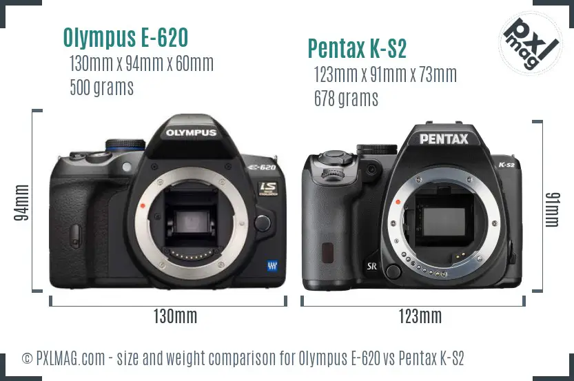 Olympus E-620 vs Pentax K-S2 size comparison