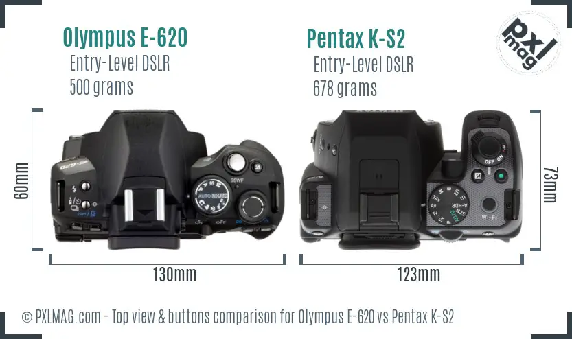 Olympus E-620 vs Pentax K-S2 top view buttons comparison