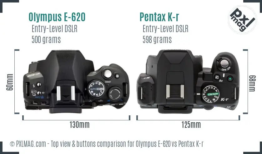 Olympus E-620 vs Pentax K-r top view buttons comparison