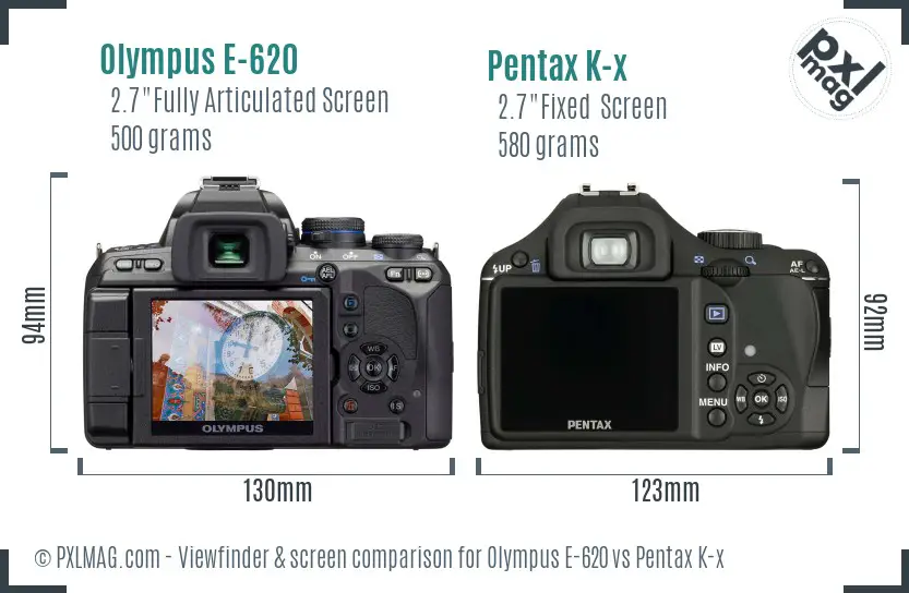 Olympus E-620 vs Pentax K-x Screen and Viewfinder comparison