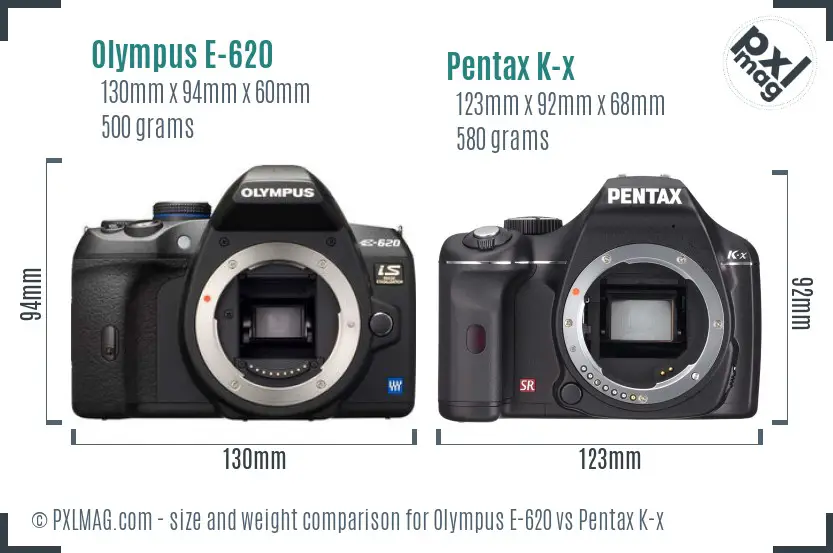 Olympus E-620 vs Pentax K-x size comparison