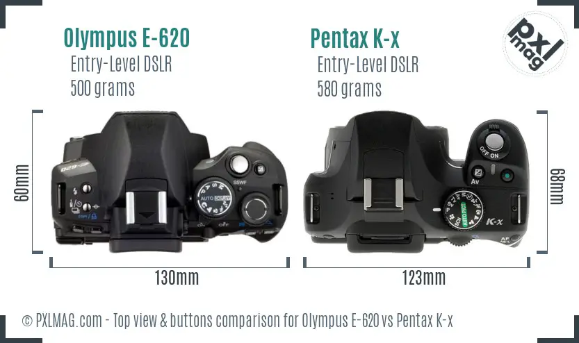 Olympus E-620 vs Pentax K-x top view buttons comparison