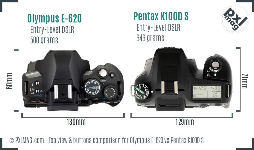 Olympus E-620 vs Pentax K100D S top view buttons comparison