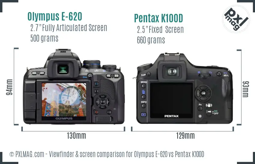 Olympus E-620 vs Pentax K100D Screen and Viewfinder comparison
