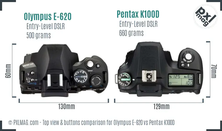 Olympus E-620 vs Pentax K100D top view buttons comparison