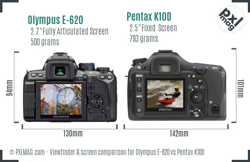 Olympus E-620 vs Pentax K10D Screen and Viewfinder comparison