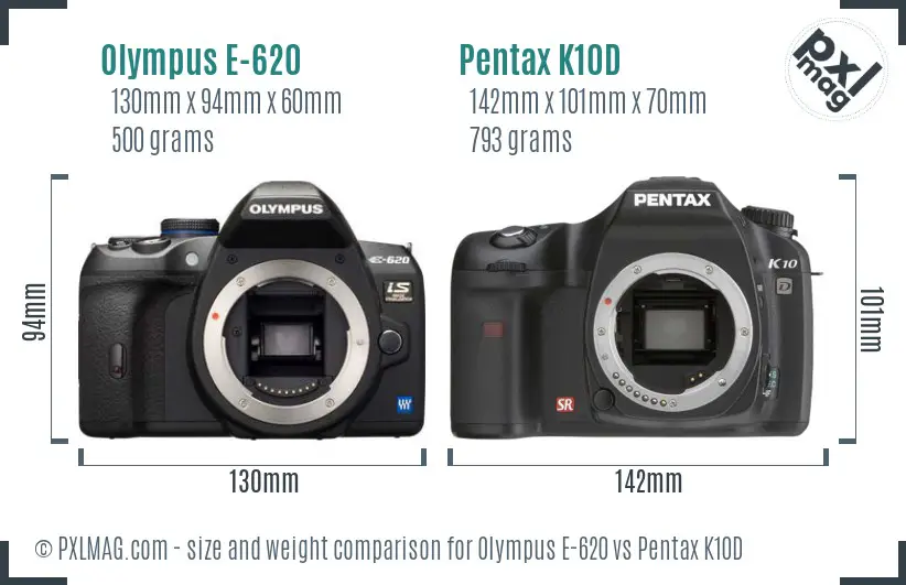 Olympus E-620 vs Pentax K10D size comparison