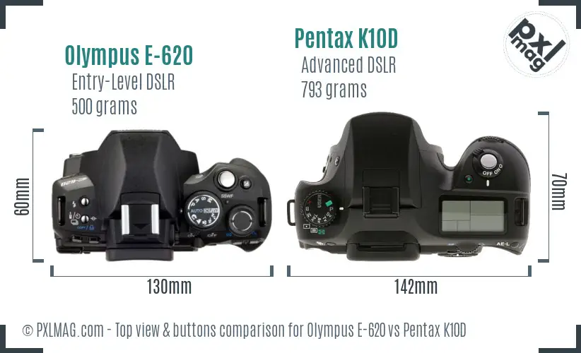 Olympus E-620 vs Pentax K10D top view buttons comparison
