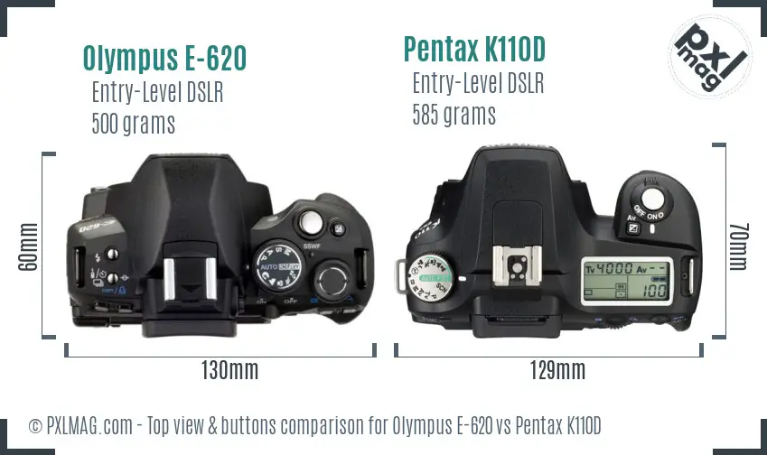 Olympus E-620 vs Pentax K110D top view buttons comparison
