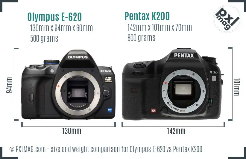 Olympus E-620 vs Pentax K20D size comparison