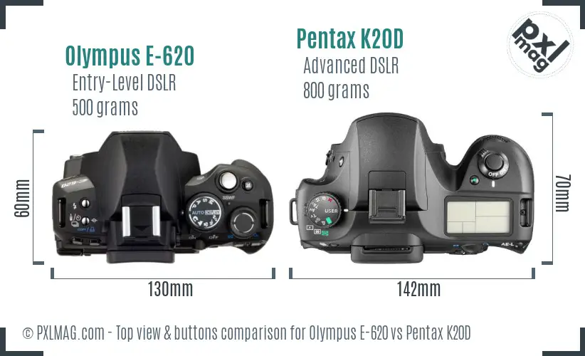 Olympus E-620 vs Pentax K20D top view buttons comparison