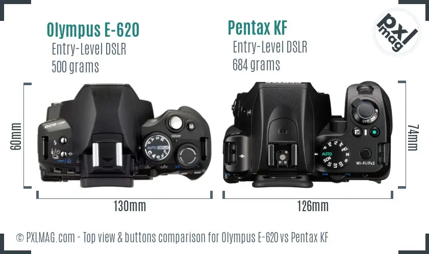 Olympus E-620 vs Pentax KF top view buttons comparison