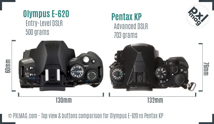 Olympus E-620 vs Pentax KP top view buttons comparison