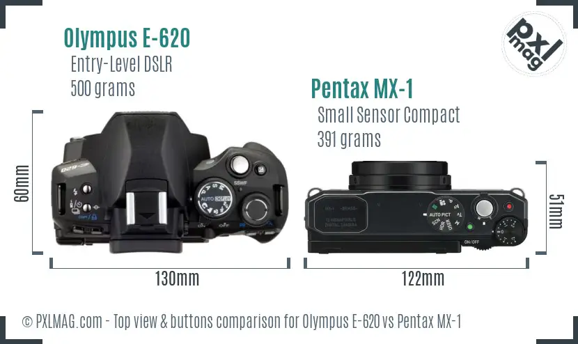 Olympus E-620 vs Pentax MX-1 top view buttons comparison