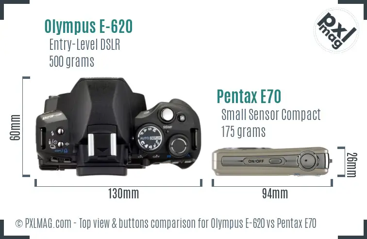 Olympus E-620 vs Pentax E70 top view buttons comparison