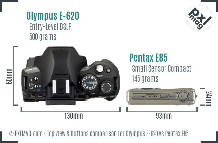 Olympus E-620 vs Pentax E85 top view buttons comparison