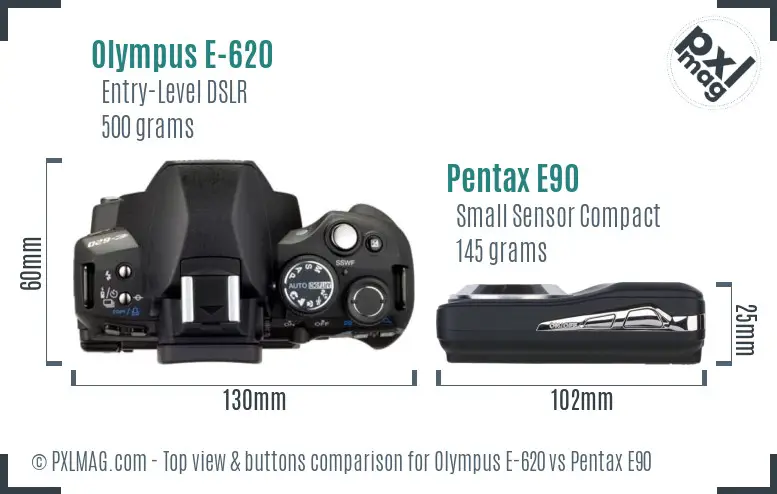 Olympus E-620 vs Pentax E90 top view buttons comparison
