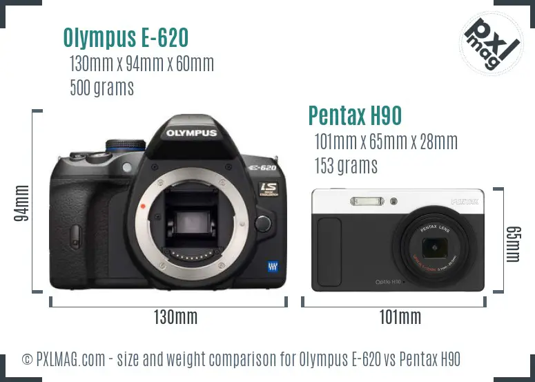 Olympus E-620 vs Pentax H90 size comparison