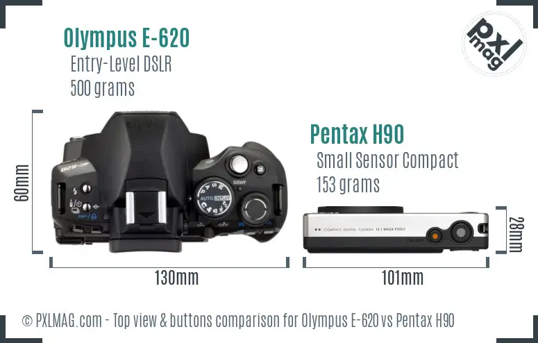 Olympus E-620 vs Pentax H90 top view buttons comparison