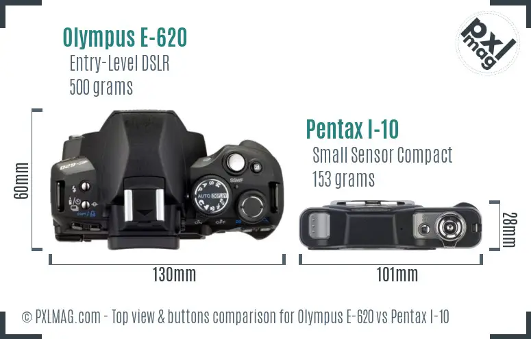 Olympus E-620 vs Pentax I-10 top view buttons comparison