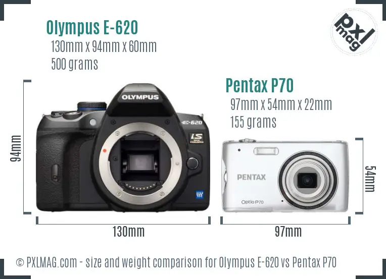Olympus E-620 vs Pentax P70 size comparison