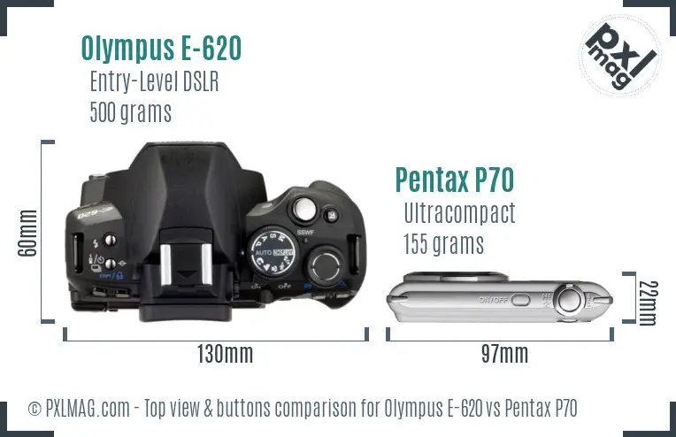Olympus E-620 vs Pentax P70 top view buttons comparison