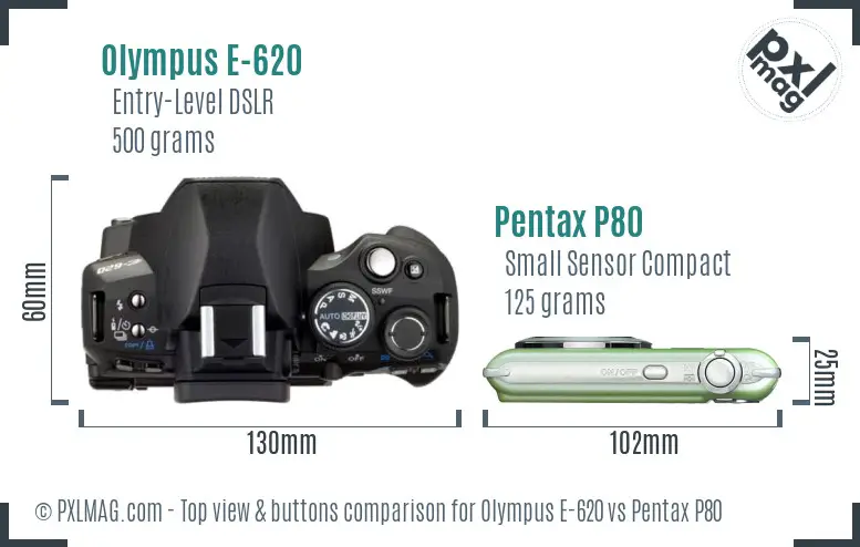 Olympus E-620 vs Pentax P80 top view buttons comparison