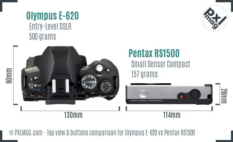 Olympus E-620 vs Pentax RS1500 top view buttons comparison