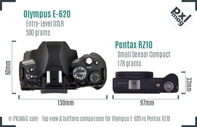 Olympus E-620 vs Pentax RZ10 top view buttons comparison